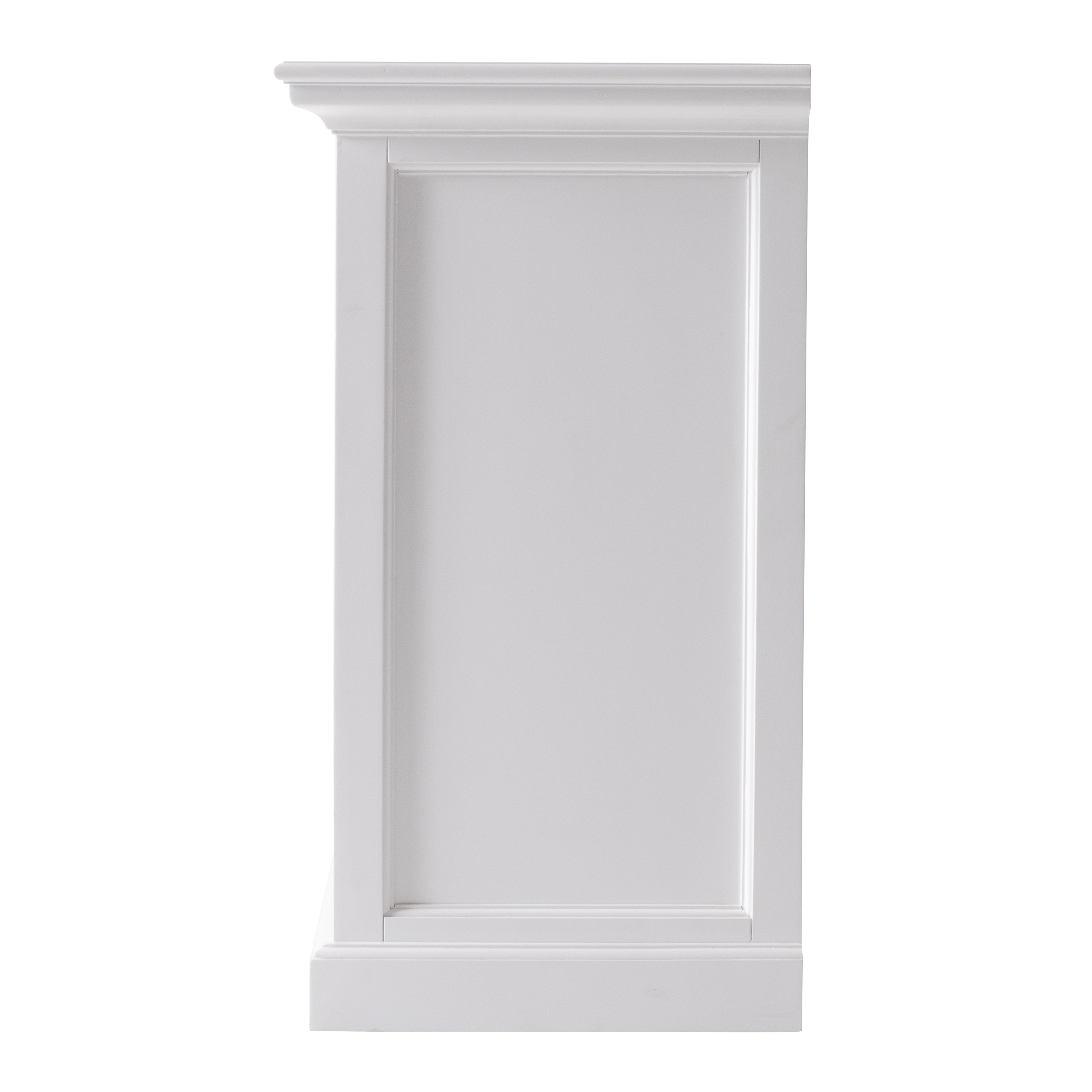 Angled side view of the Halifax Grand Bedside Table with Dividers showing the white painted panelled side and drawer detail.
