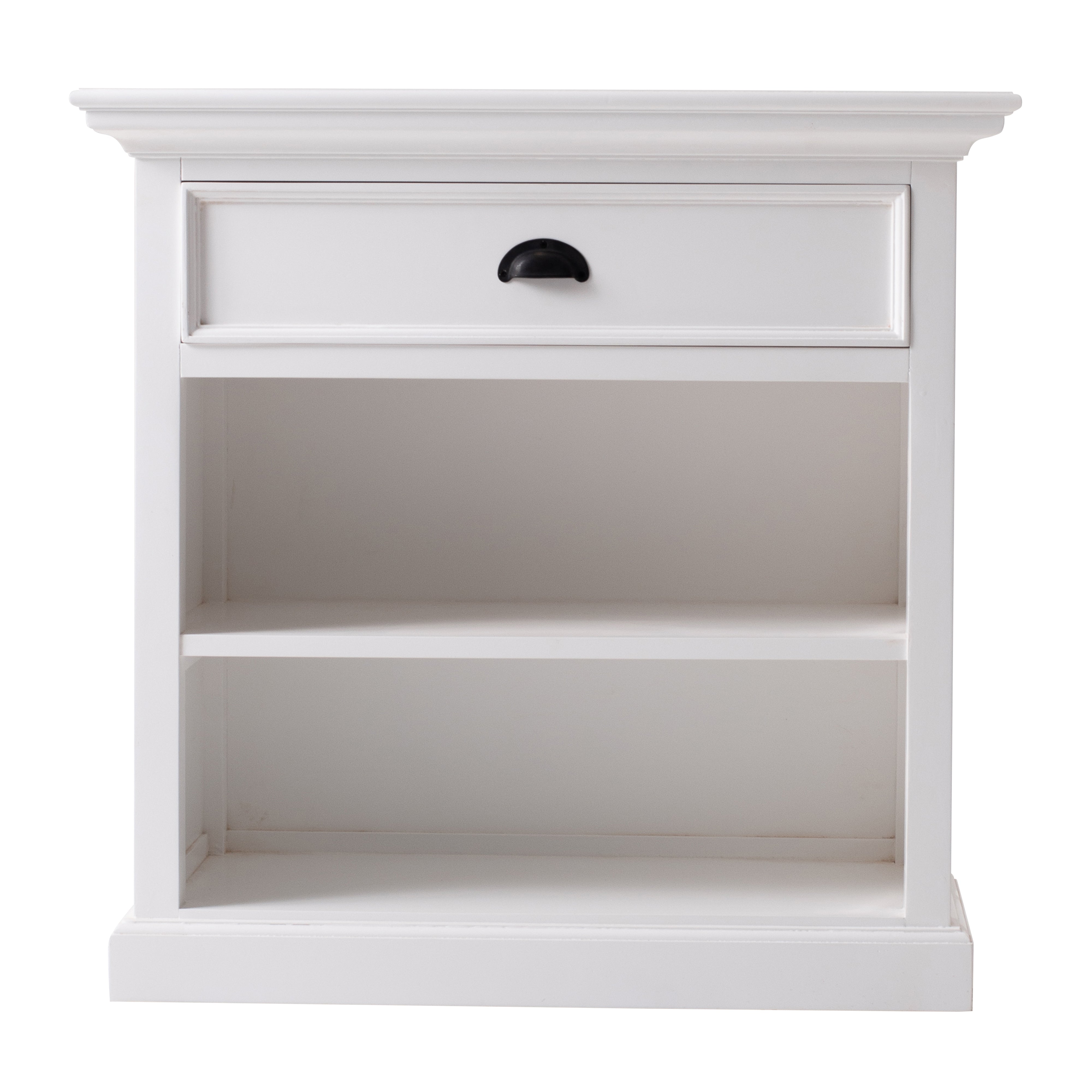 Front view of the Halifax Grand Bedside Table with one drawer, black cup handle and two open shelves.