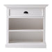 Front view of the Halifax Grand Bedside Table with one drawer, black cup handle and two open shelves.