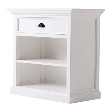 Angled product view of the Halifax Grand Bedside Table featuring a white painted finish, single drawer and open shelving.