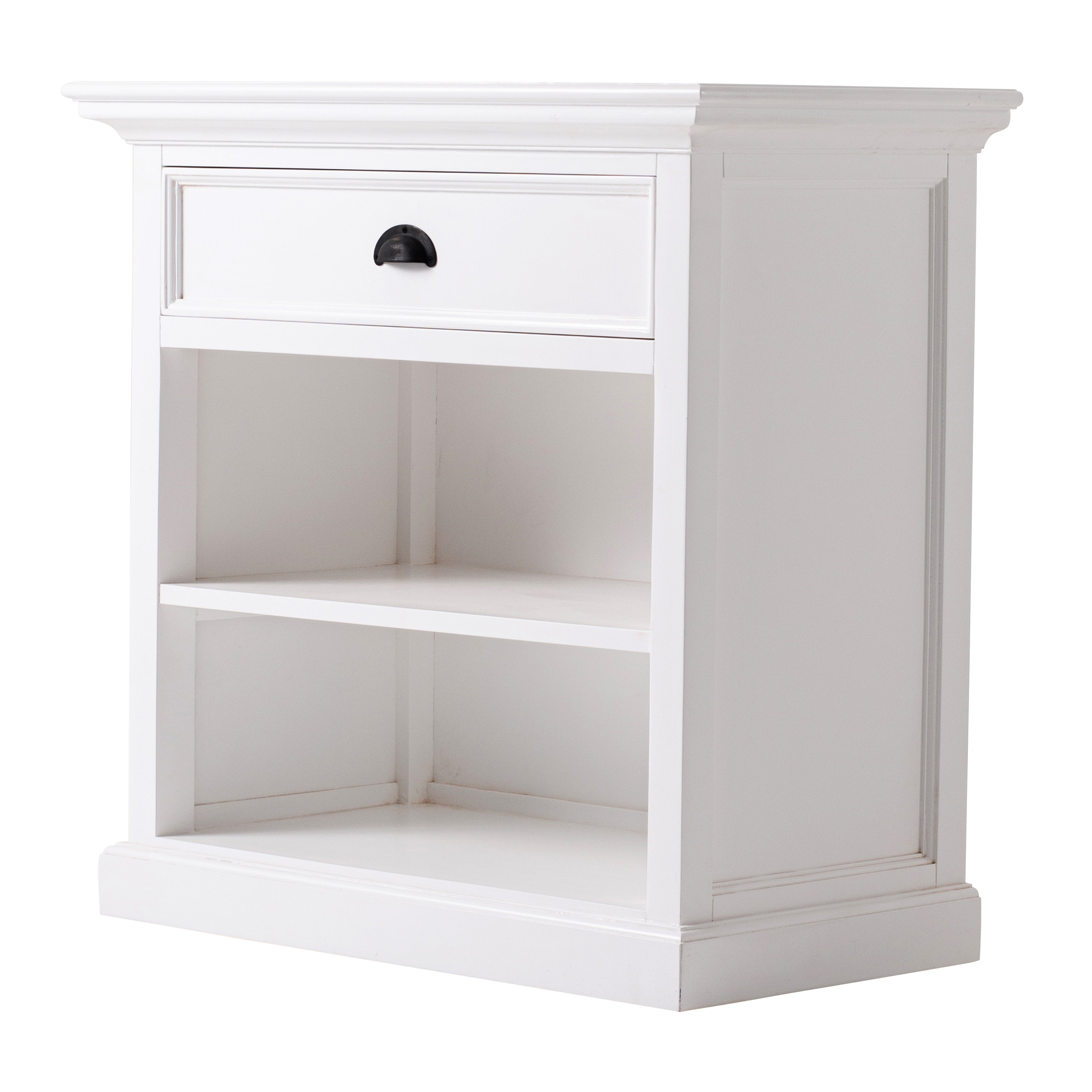 Angled product view of the Halifax Grand Bedside Table featuring a white painted finish, single drawer and open shelving.