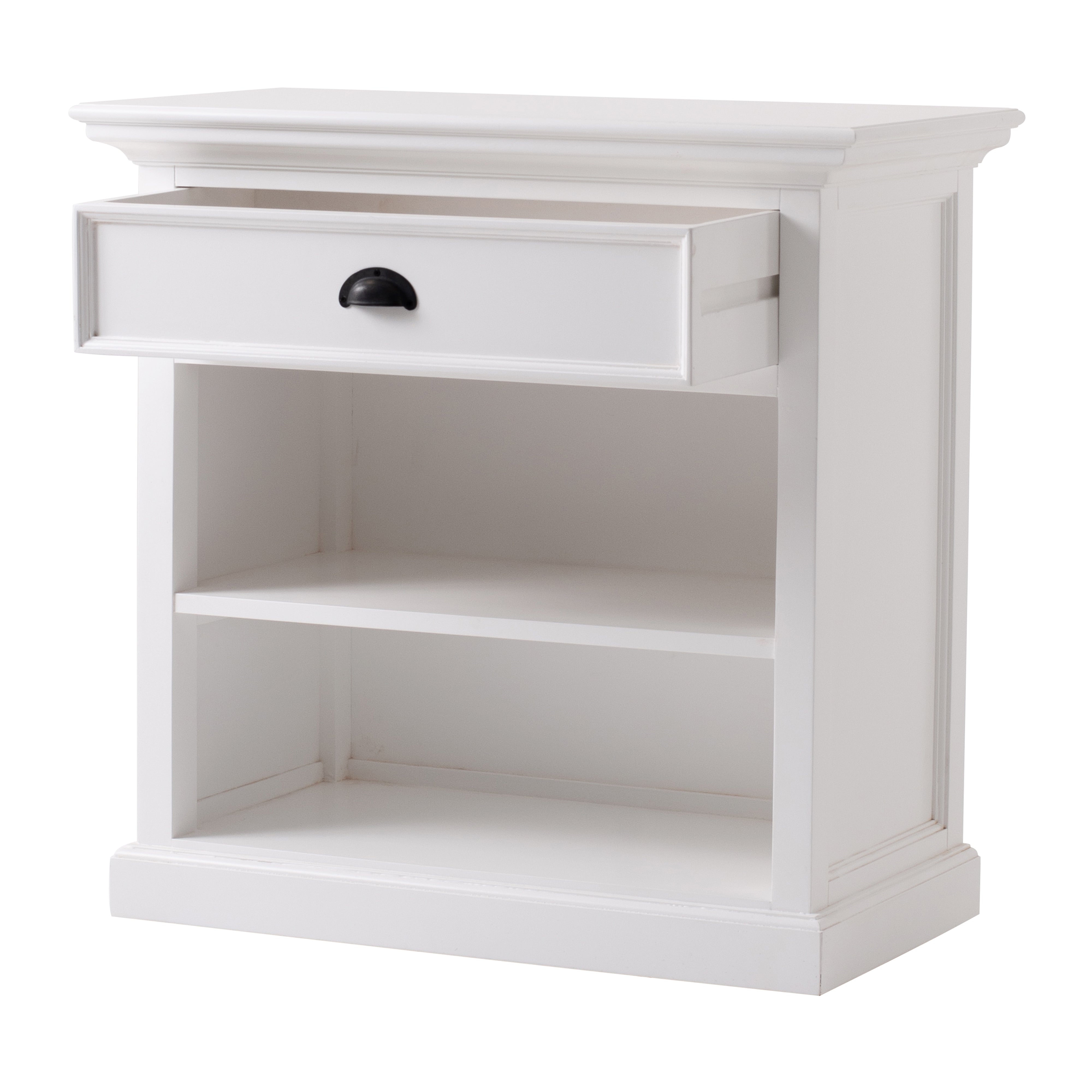 Angled product view of the Halifax Grand Bedside Table with open drawer, black cup handle and two open shelves.