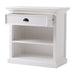 Angled product view of the Halifax Grand Bedside Table with open drawer, black cup handle and two open shelves.