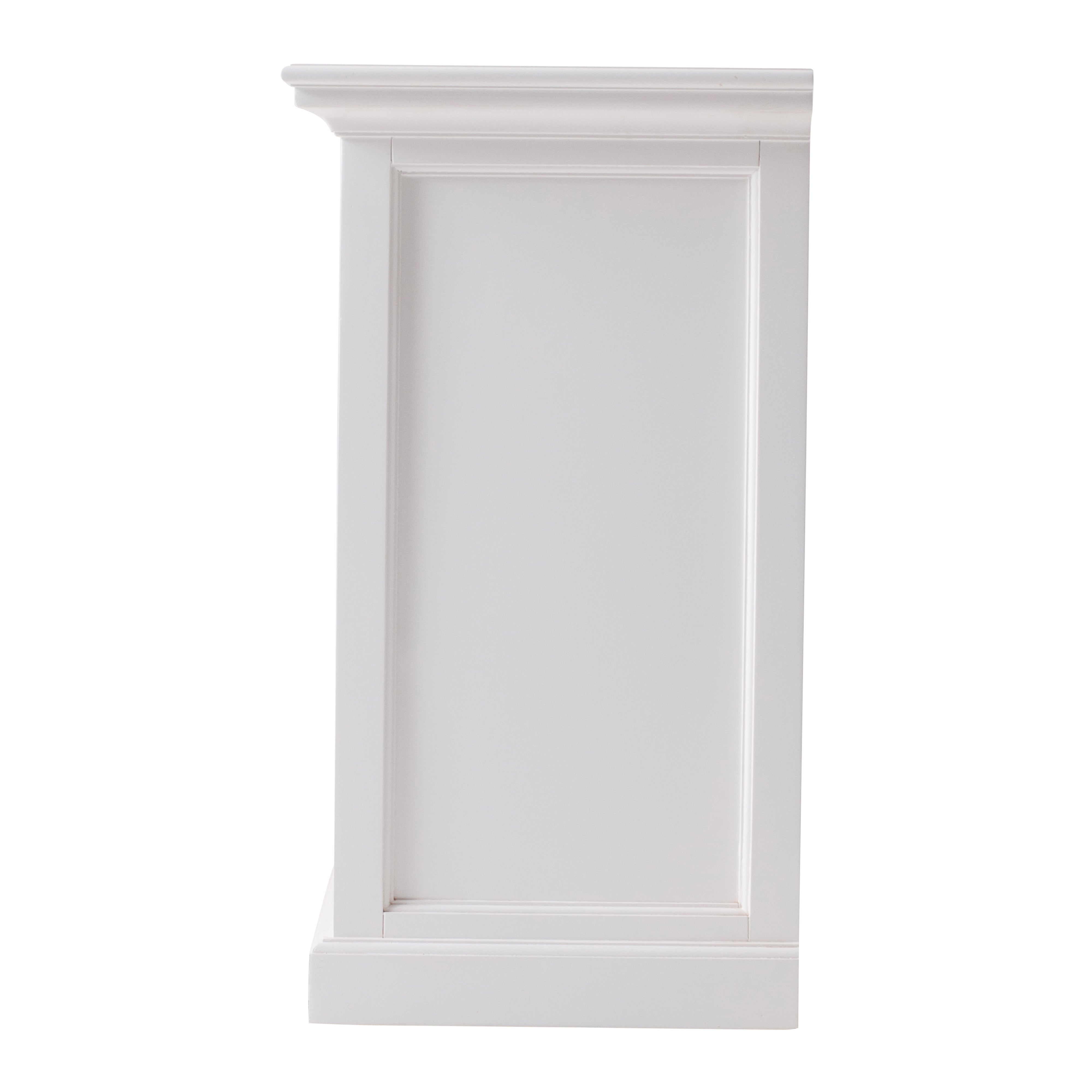 Side view of the Halifax Grand Bedside Table showing the white painted panelled side and simple plinth base.