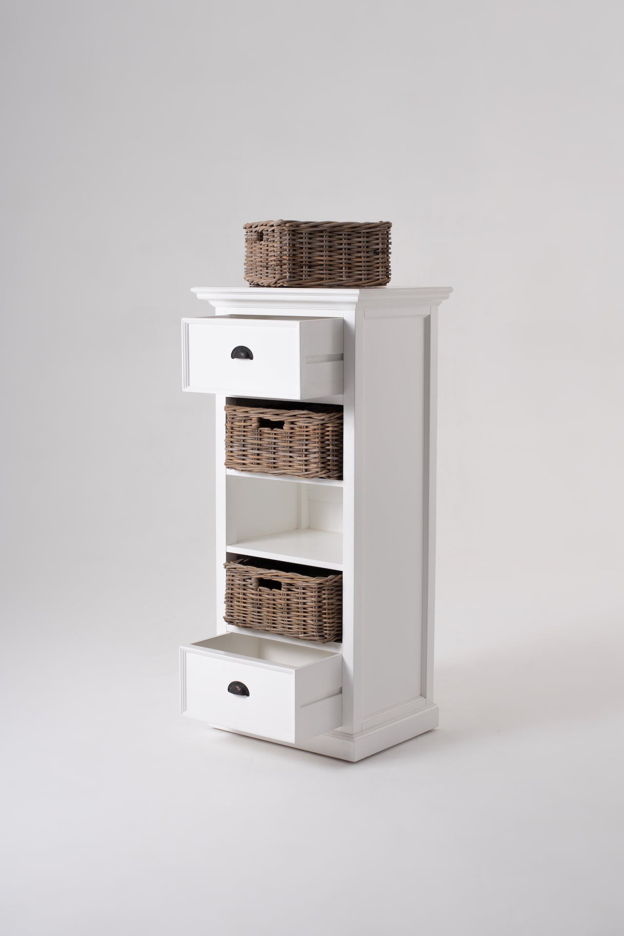 Halifax Grand Storage Unit with Basket Set shown with the top and bottom drawers open, featuring three removable woven baskets.