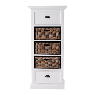 Front view of the Halifax Grand Storage Unit with Basket Set showing two drawers, three natural woven baskets and black cup handles.