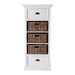 Front view of the Halifax Grand Storage Unit with Basket Set showing two drawers, three natural woven baskets and black cup handles.