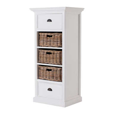 Angled product view of the Halifax Grand Storage Unit with Basket Set, featuring a white painted frame, two drawers and three woven baskets.