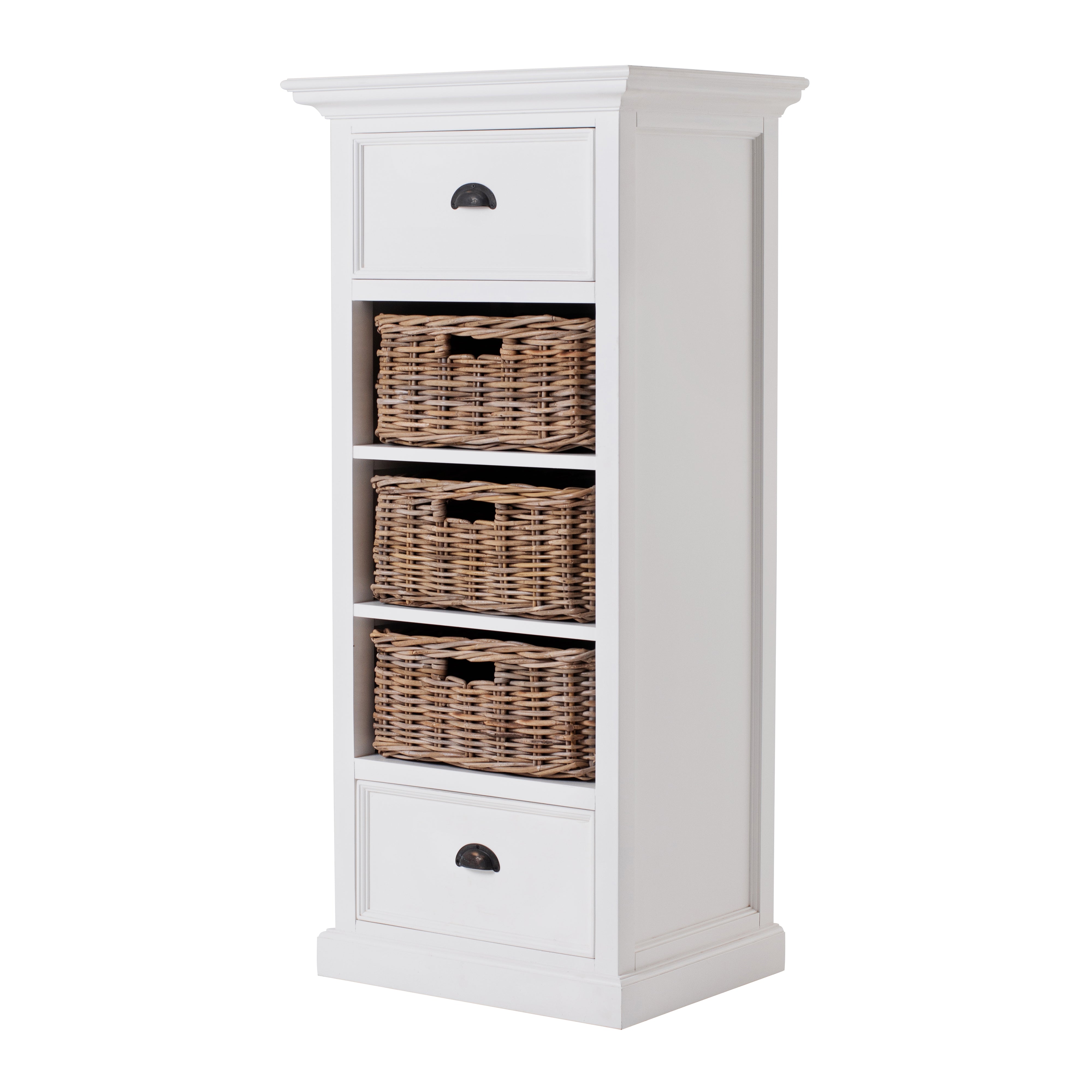 Angled product view of the Halifax Grand Storage Unit with Basket Set, featuring a white painted frame, two drawers and three woven baskets.