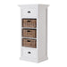 Angled product view of the Halifax Grand Storage Unit with Basket Set, featuring a white painted frame, two drawers and three woven baskets.