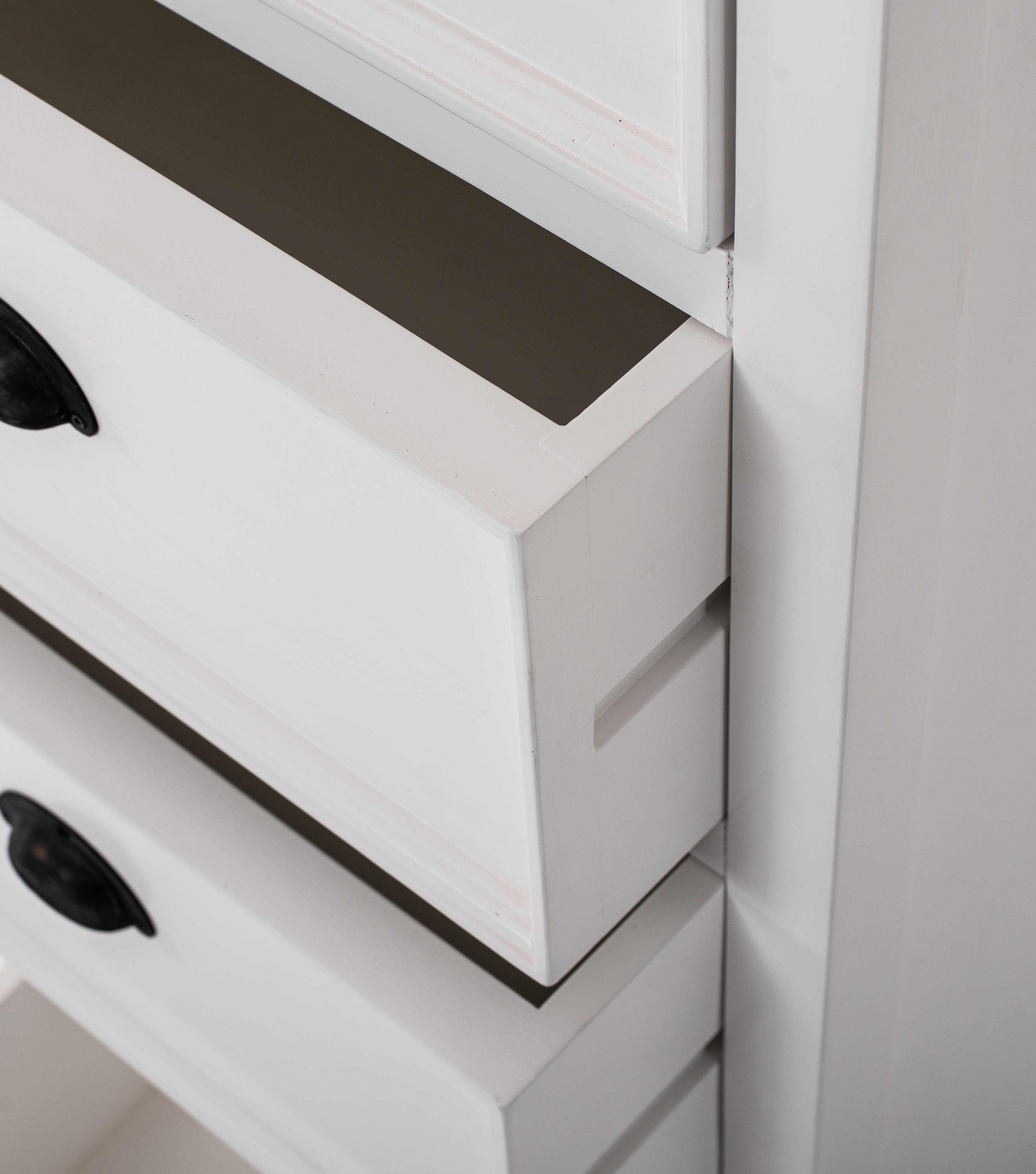 Close-up of an open drawer on the Halifax Grand Storage Unit with Drawers showing the white painted finish and drawer construction.