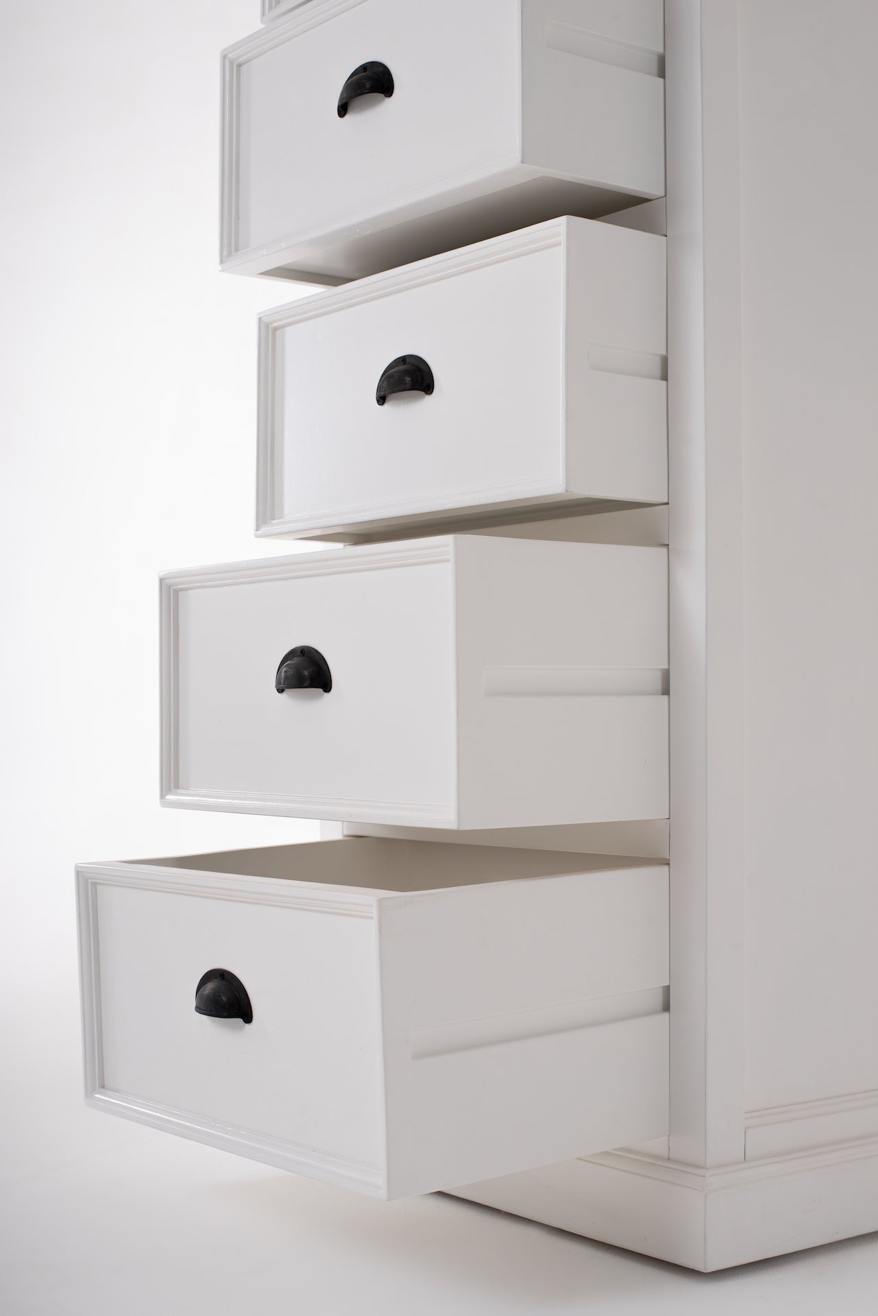 Close-up of the Halifax Grand Storage Unit with Drawers showing multiple drawers open and black cup handle details.