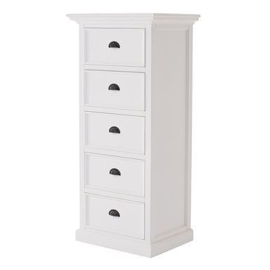 Angled product view of the Halifax Grand Storage Unit with Drawers featuring five white drawers, black cup handles and a panelled side.