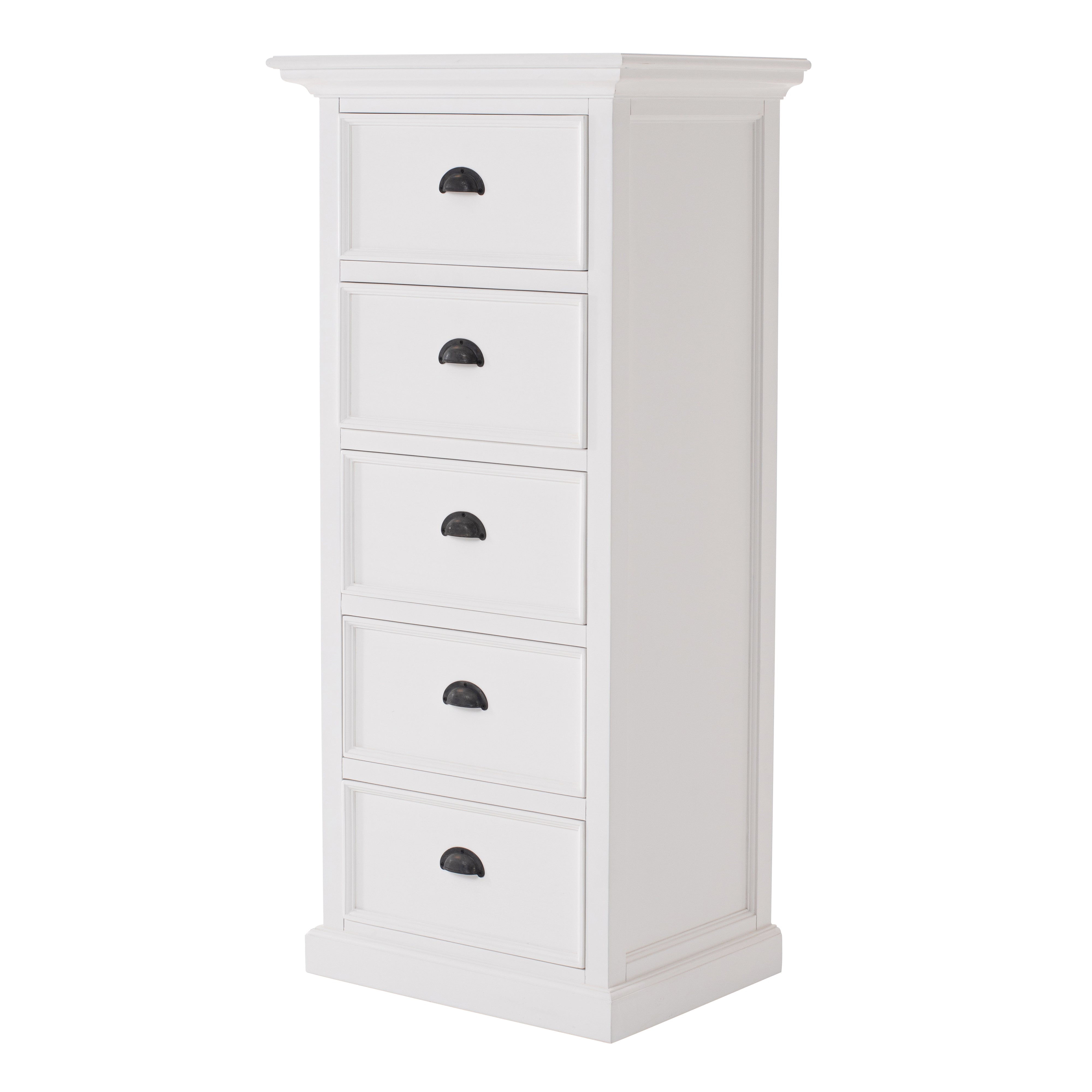 Angled product view of the Halifax Grand Storage Unit with Drawers featuring five white drawers, black cup handles and a panelled side.