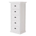 Angled product view of the Halifax Grand Storage Unit with Drawers featuring five white drawers, black cup handles and a panelled side.