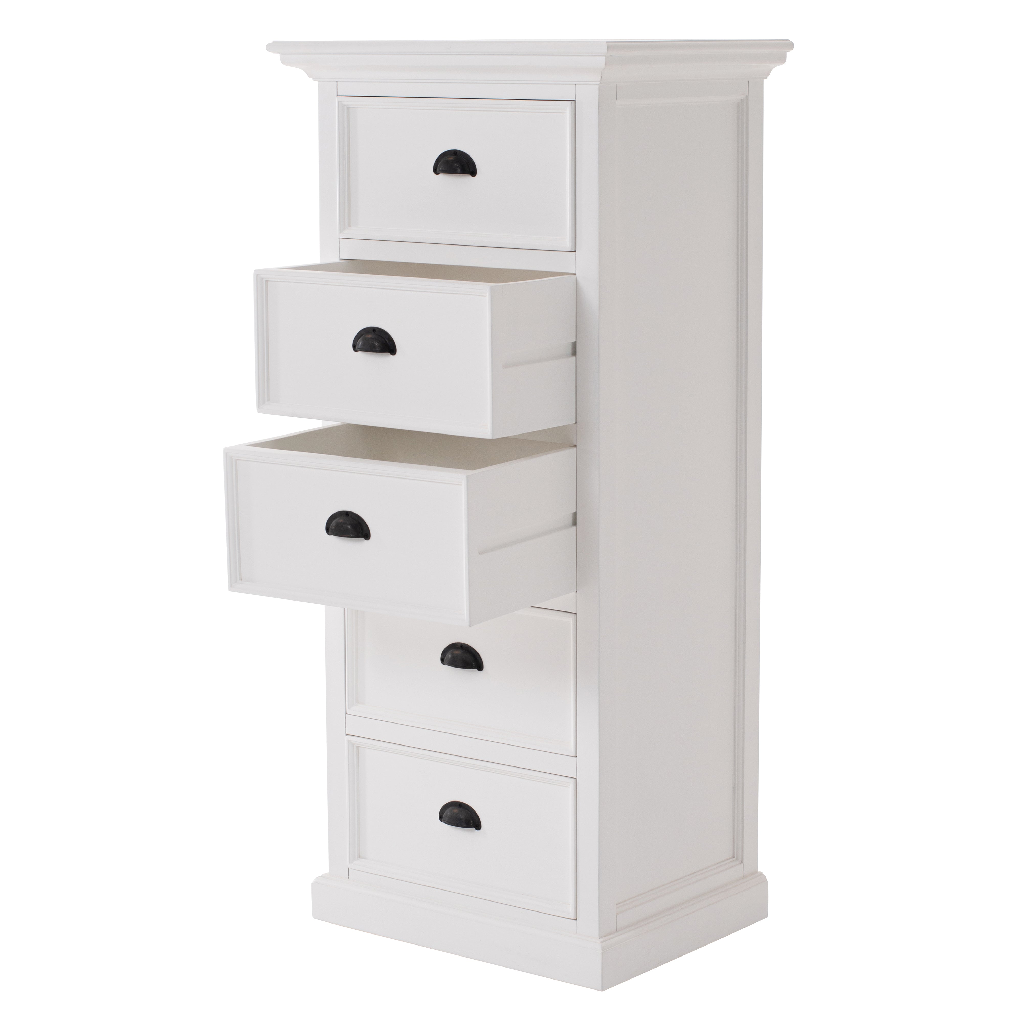 Halifax Grand Storage Unit with Drawers shown with two drawers open, highlighting the white painted finish and drawer storage.