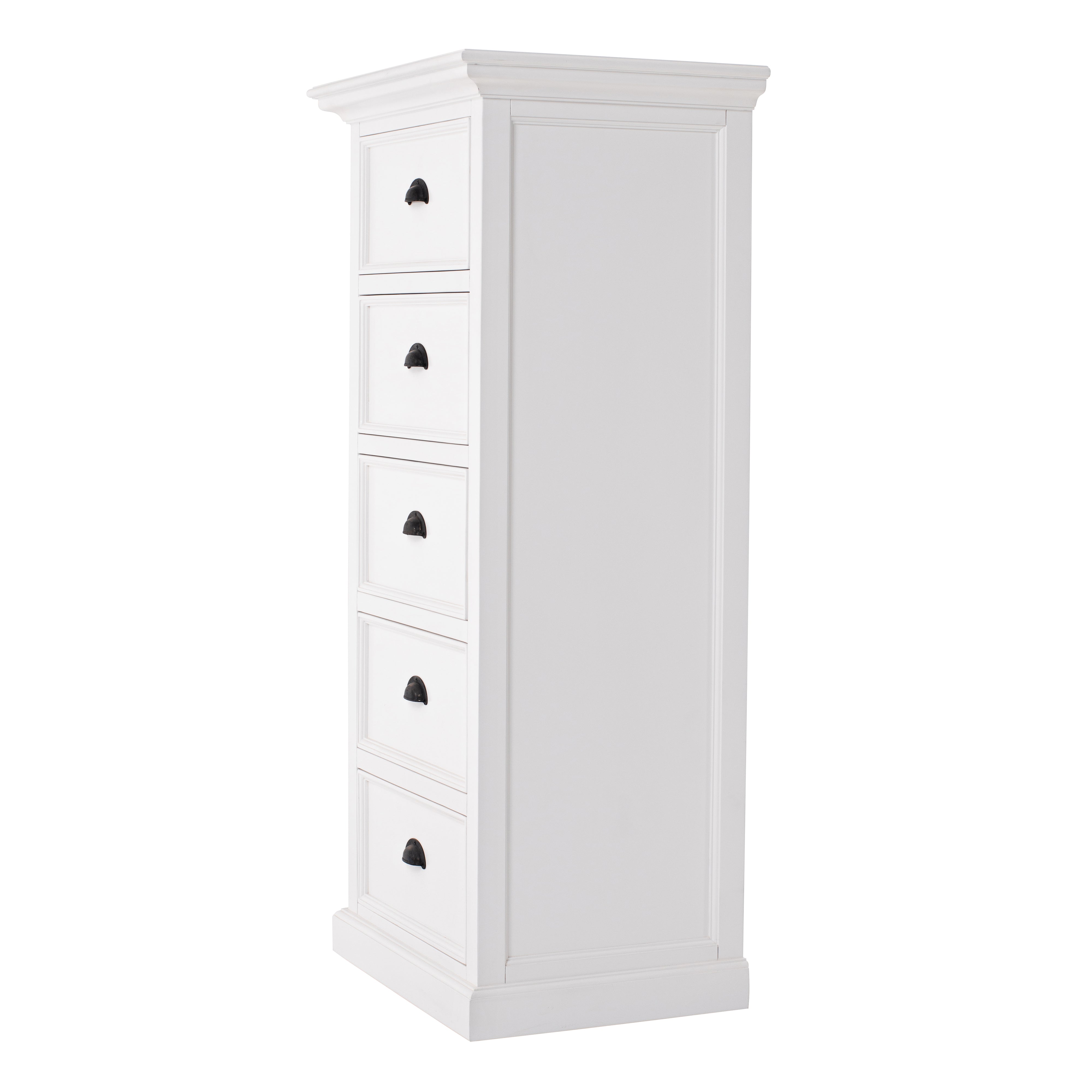 Side view of the Halifax Grand Storage Unit with Drawers showing the tall white panelled side and classic moulded base.