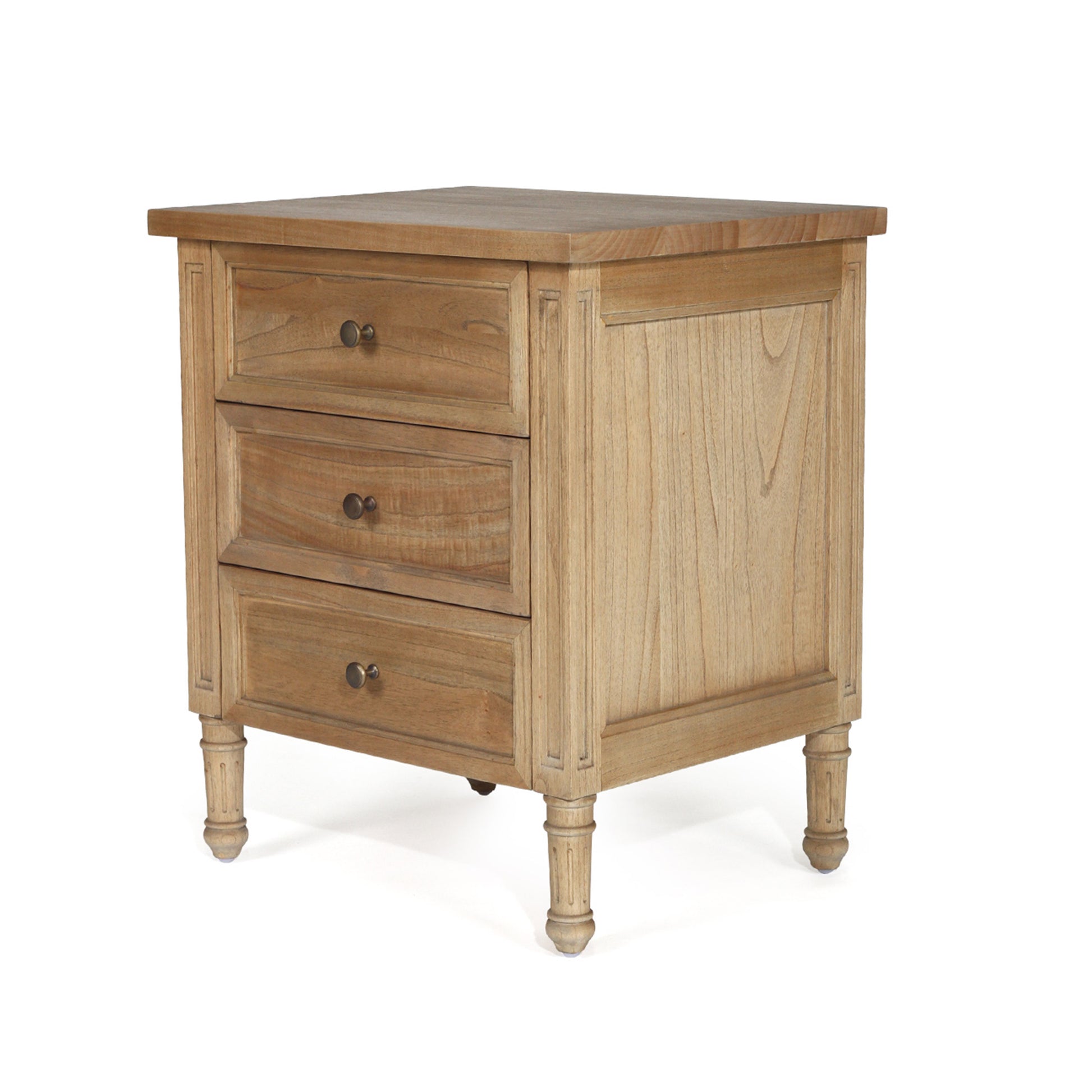 Angled three-quarter view of Hamilton 3 drawer bedside table – Natural highlighting wood finish and drawers.