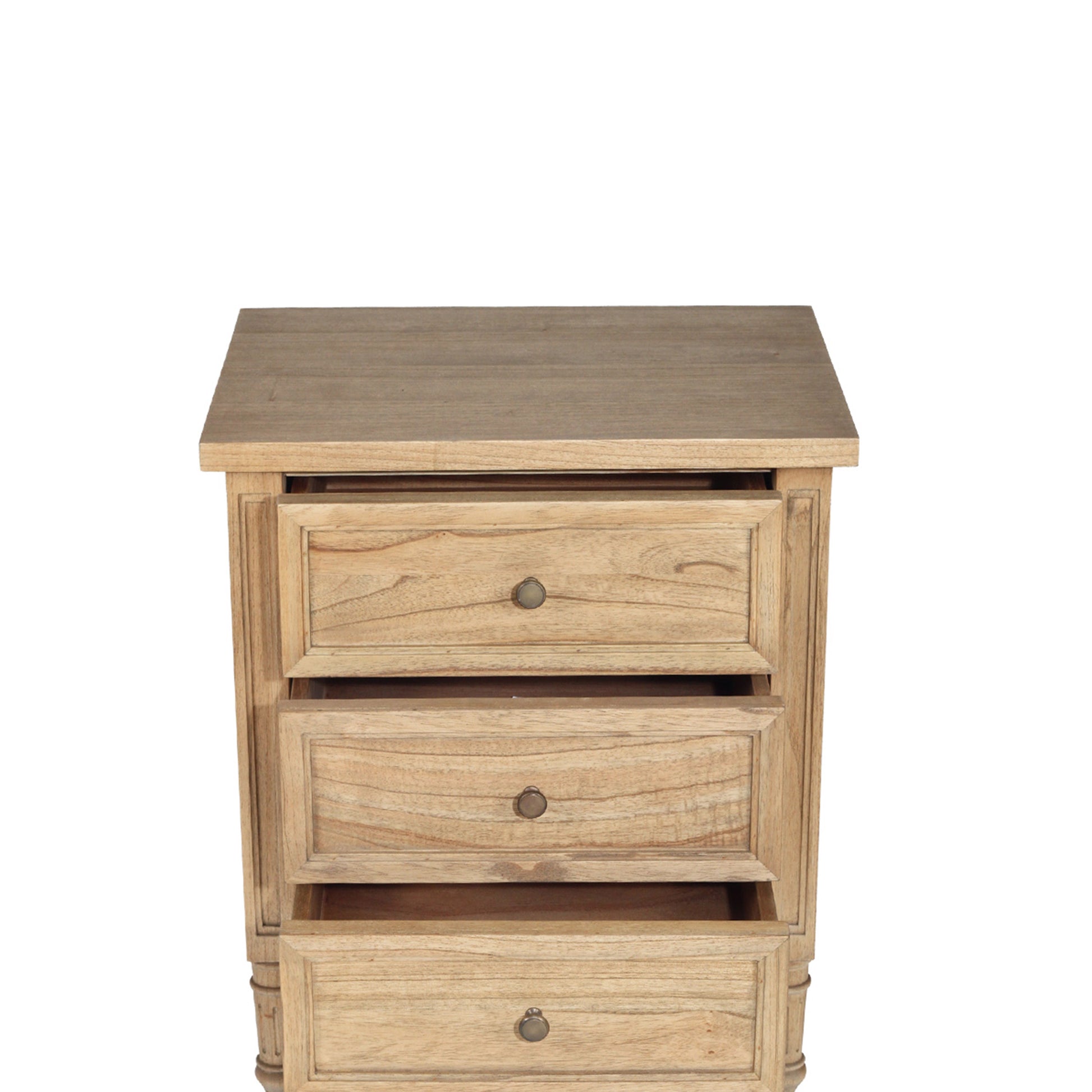 Front view of Hamilton 3 drawer bedside table – Natural with three drawers partially open.