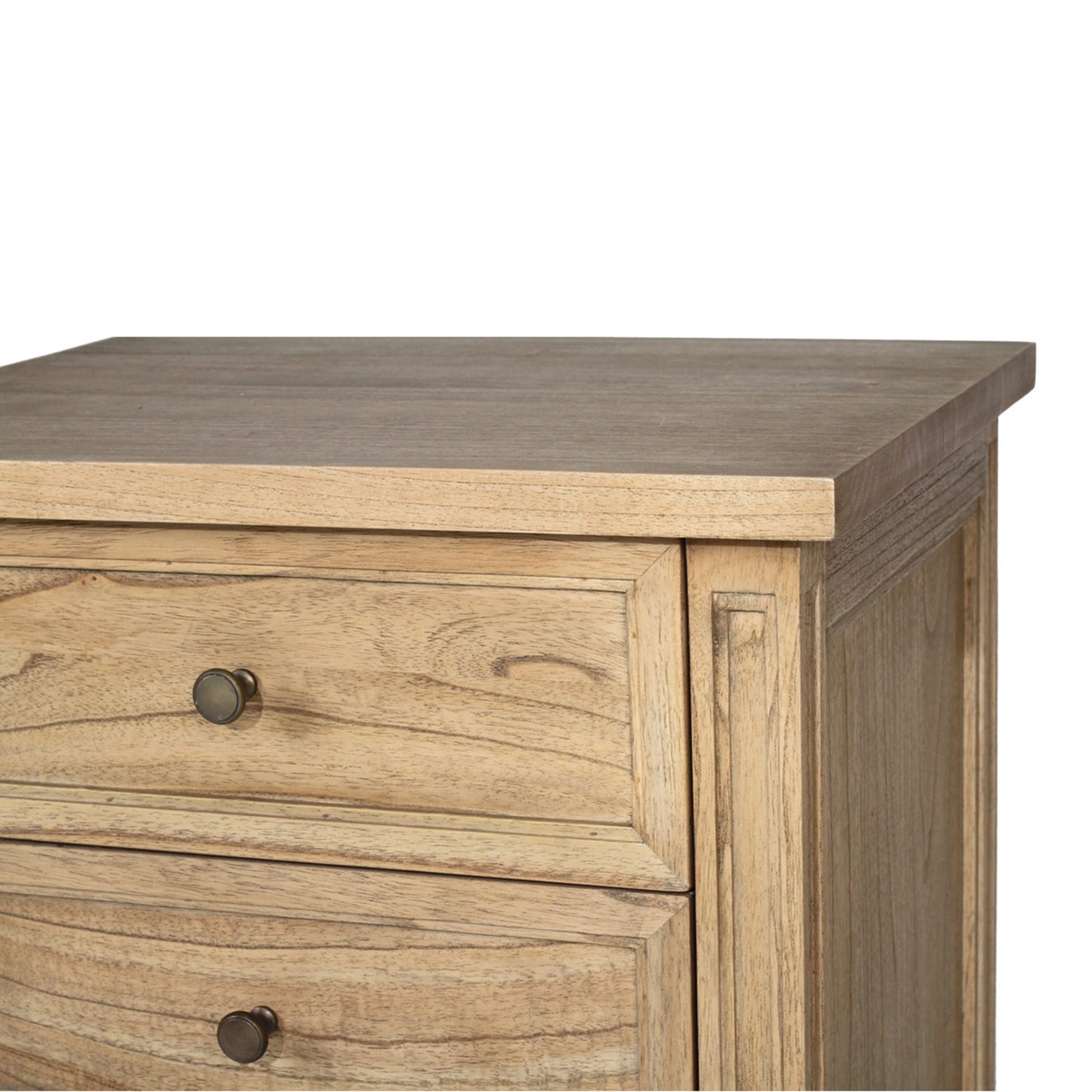 Detail close-up of Hamilton 3 drawer bedside table – Natural showing wood grain and top drawer.