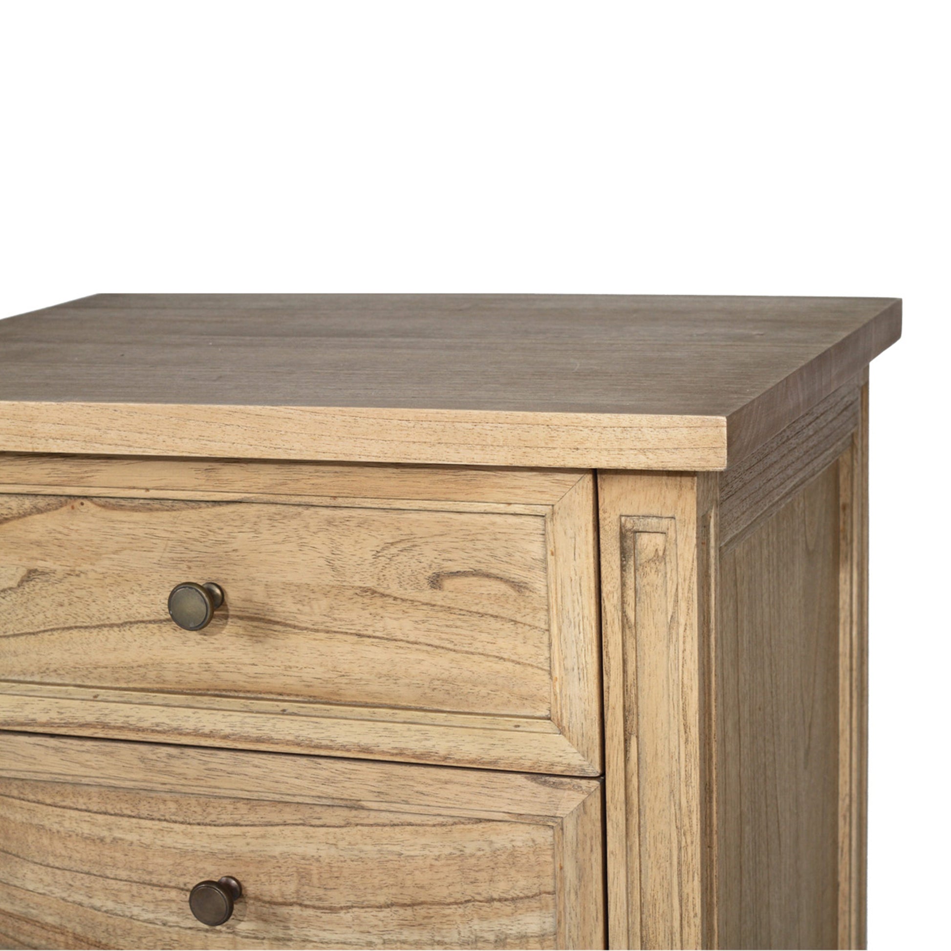 Detail close-up of Hamilton 3 drawer bedside table – Natural showing wood grain and top drawer.