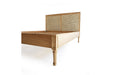 Hamilton Cane Bed Weathered Oak double bed angled product view with rattan cane headboard panels, slatted mattress base, and weathered oak finish isolated on a clean white background.