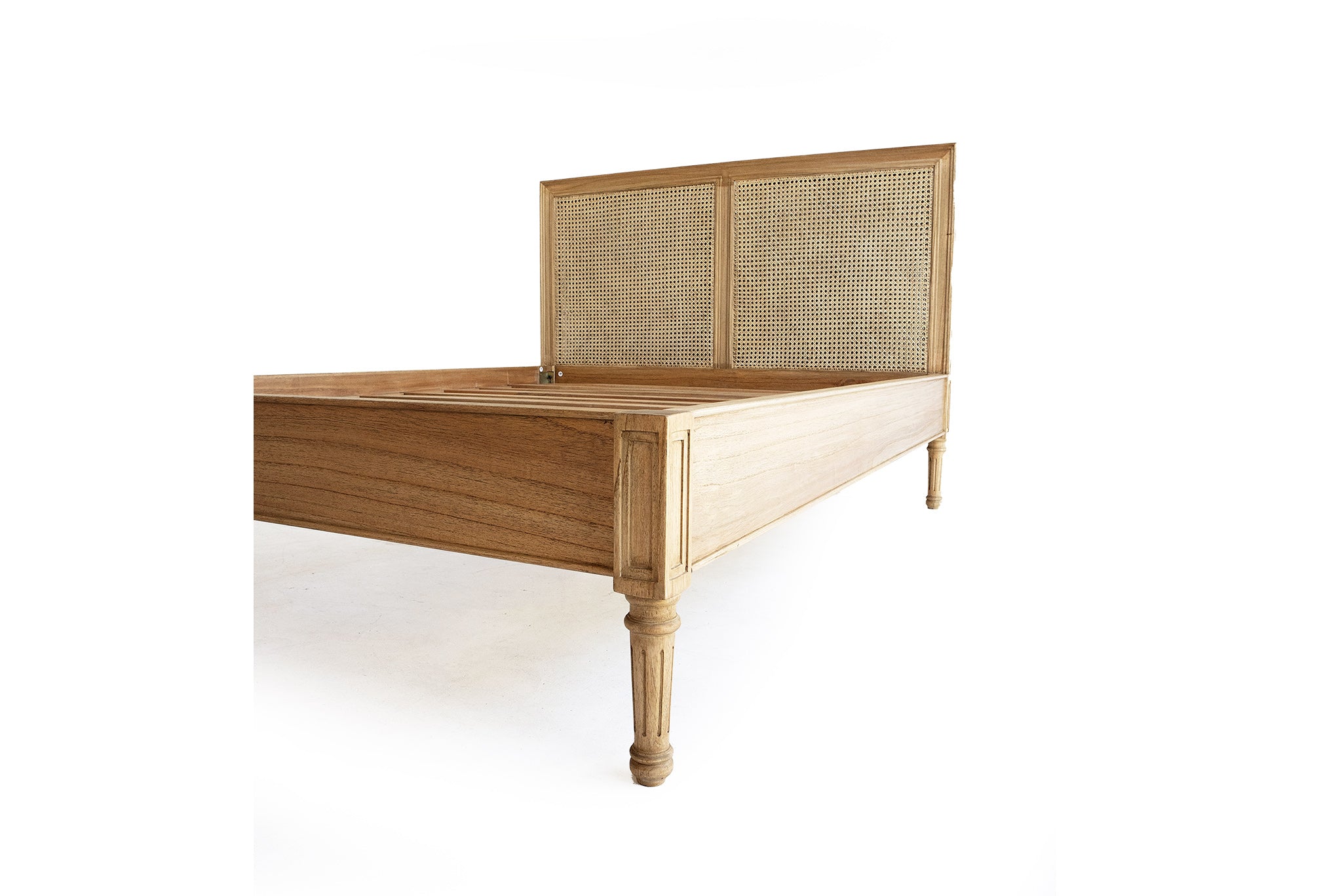 Hamilton Cane Bed Weathered Oak double bed angled product view with rattan cane headboard panels, slatted mattress base, and weathered oak finish isolated on a clean white background.