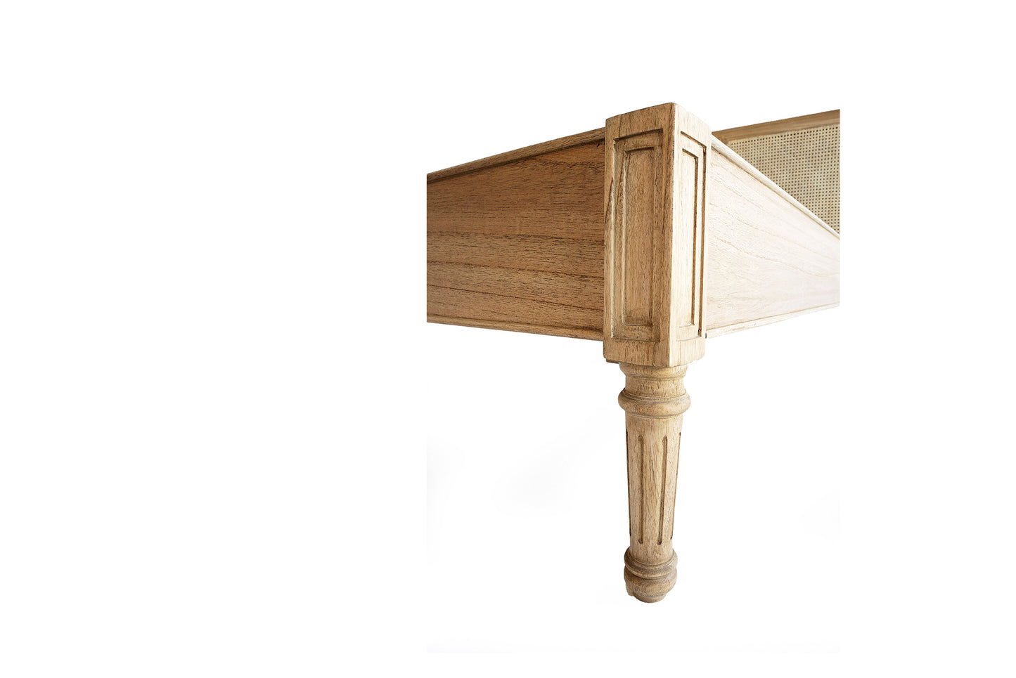 Hamilton Cane Bed Weathered Oak double bed detail of carved wooden leg and side rail, showcasing natural timber grain, traditional craftsmanship, and sturdy frame construction.