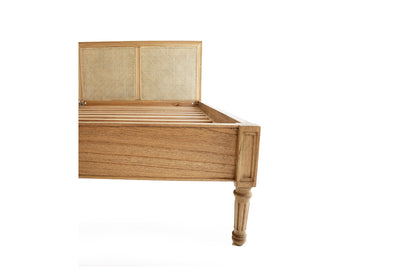 Hamilton Cane Bed Weathered Oak double bed frame isolated view showing solid oak construction, woven cane panel headboard, slatted base support, and classic turned legs on a white background.