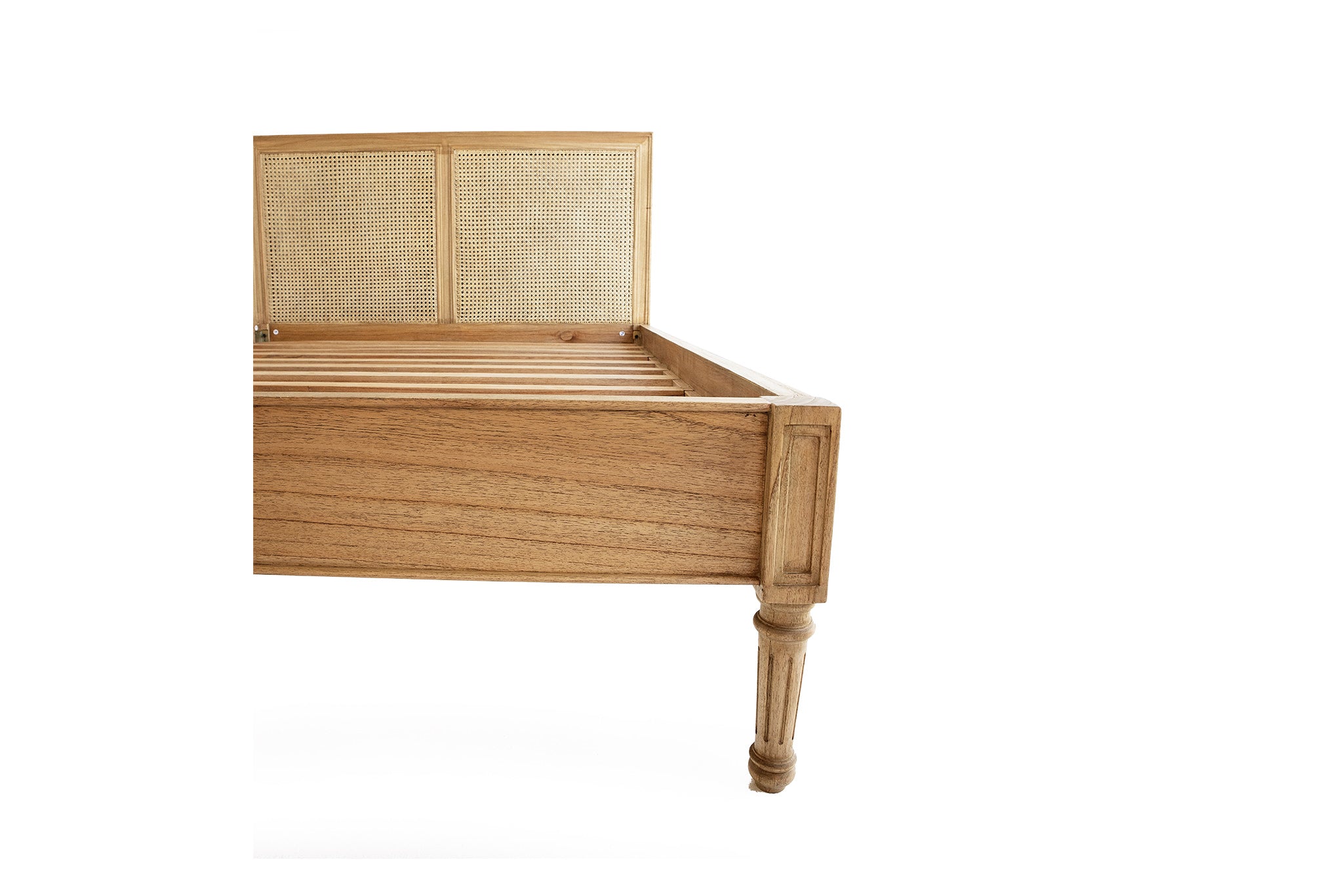 Hamilton Cane Bed Weathered Oak double bed frame isolated view showing solid oak construction, woven cane panel headboard, slatted base support, and classic turned legs on a white background.