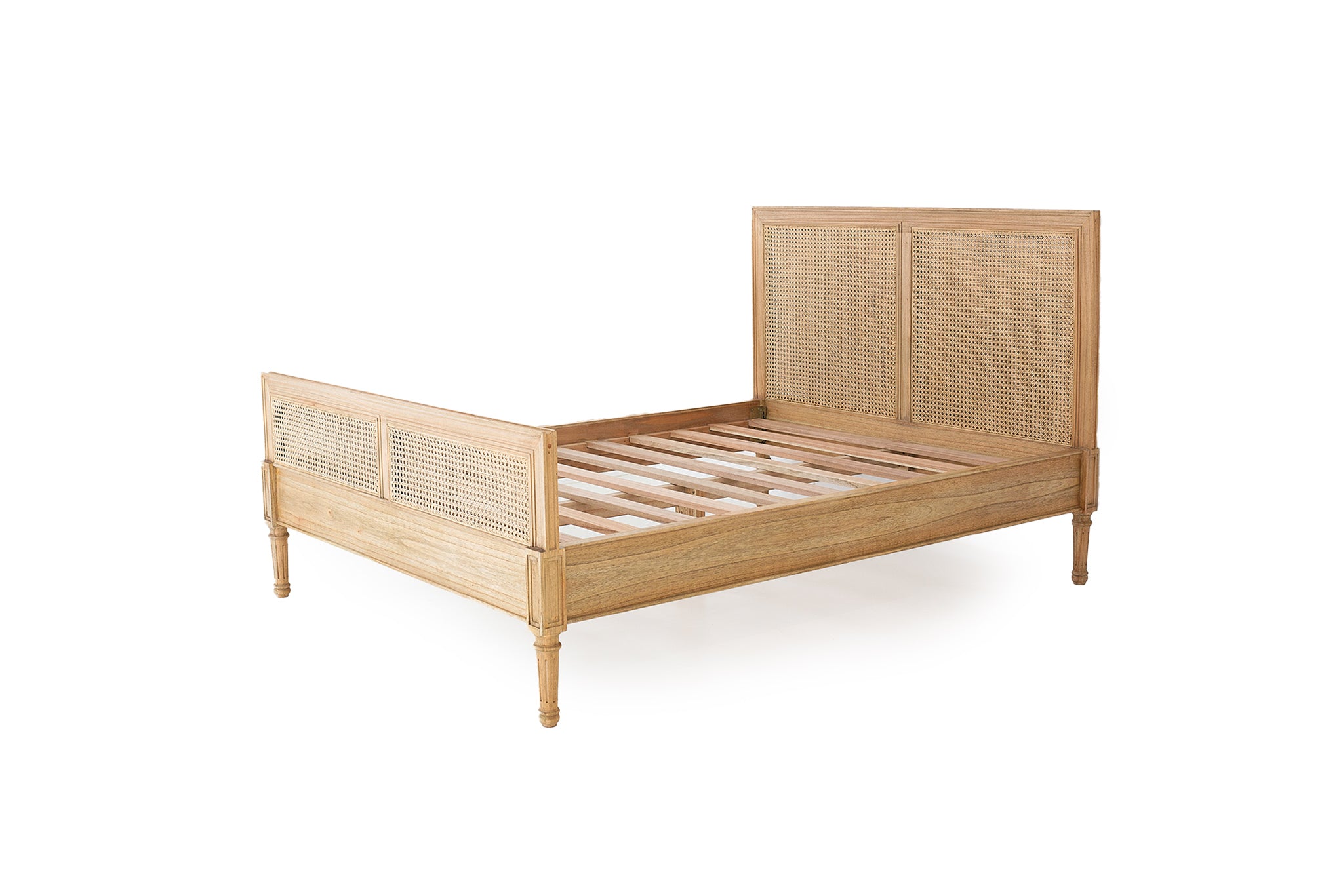 Product view of Hamilton Cane Super King Bed in Weathered Oak showing timber frame, rattan panels and bed slat construction.