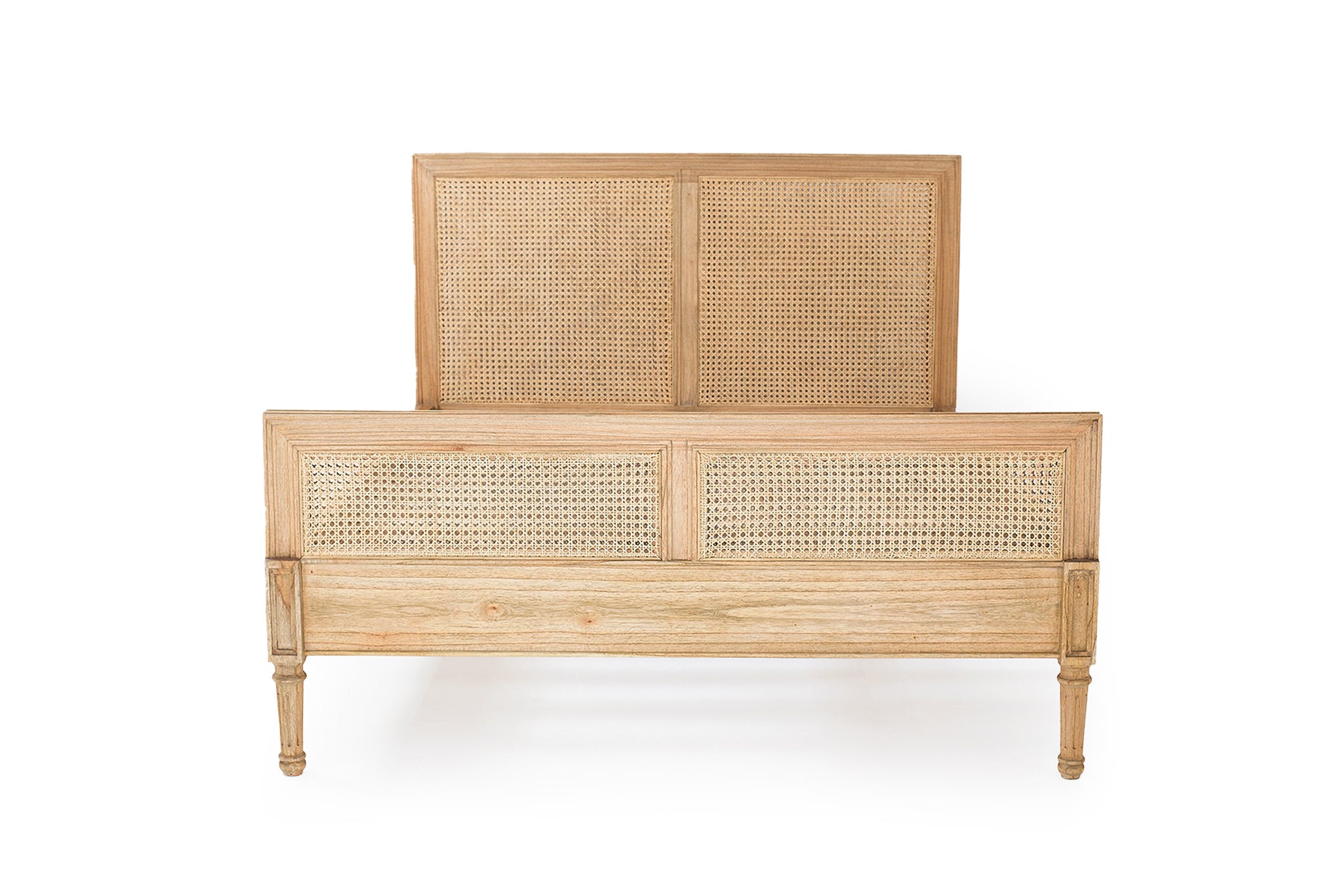 Front product view of Hamilton Cane Super King Bed in Weathered Oak with natural cane headboard and footboard detailing