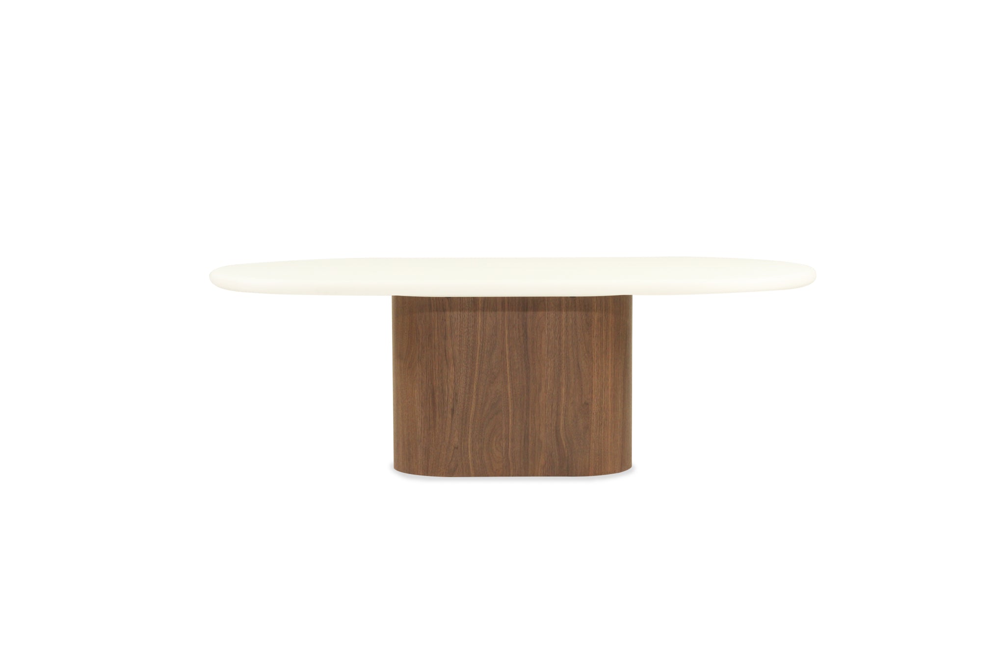 Straight front view of Harlow Oval Coffee Table - Walnut Base isolated on white background showcasing oval top and solid pedestal base.