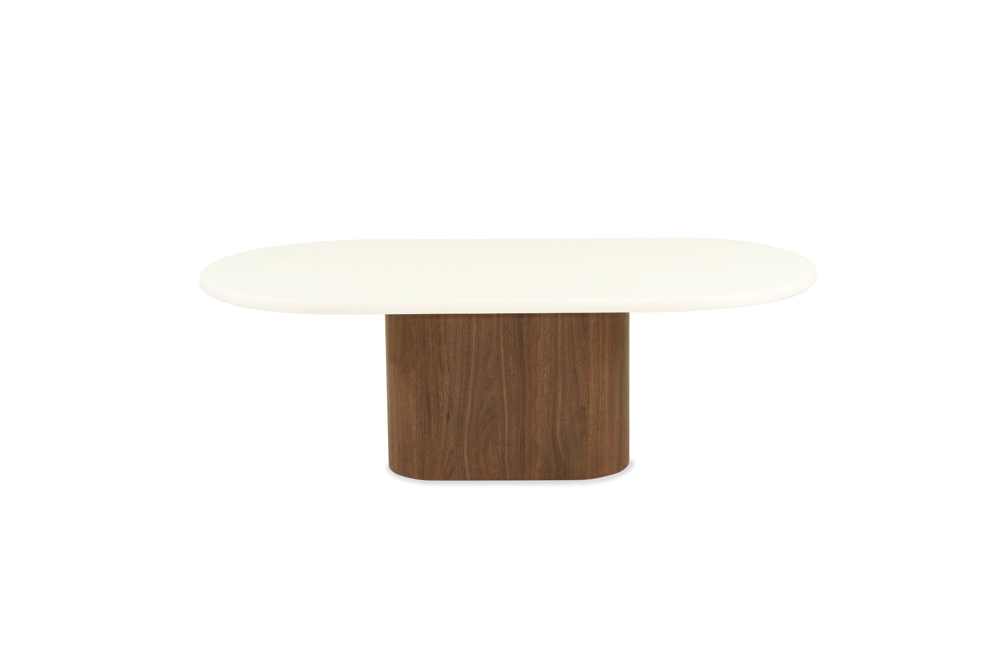 Rear view of Harlow Oval Coffee Table - Walnut Base showing continuous timber grain across rounded base.