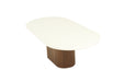 Three-quarter angled view of Harlow Oval Coffee Table - Walnut Base highlighting sculptural base and smooth tabletop surface.
