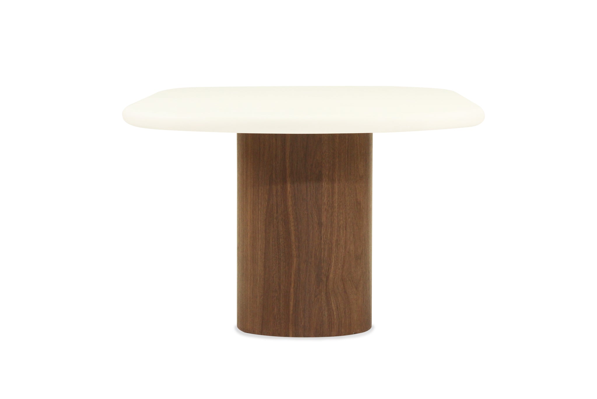 Side profile view of Harlow Oval Coffee Table - Walnut Base highlighting slim tabletop and sculpted walnut pedestal.