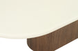 Angled detail view of Harlow Oval Coffee Table - Walnut Base showing smooth rounded tabletop edge and base transition.