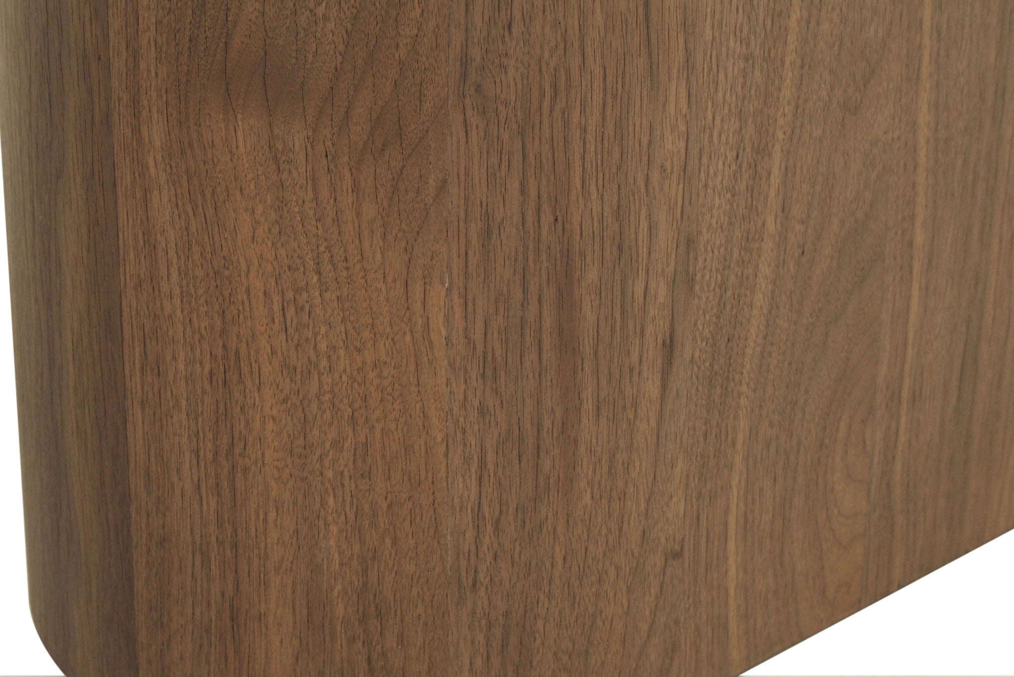 Close-up detail view of Harlow Oval Coffee Table - Walnut Base highlighting rich walnut grain on curved pedestal base.