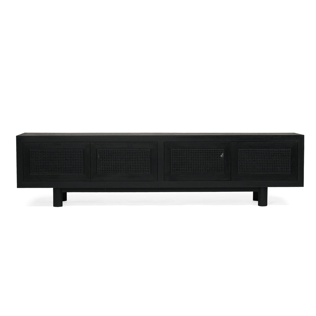 Front view of Iluka four-door entertainment unit in matte black with woven cane front doors
