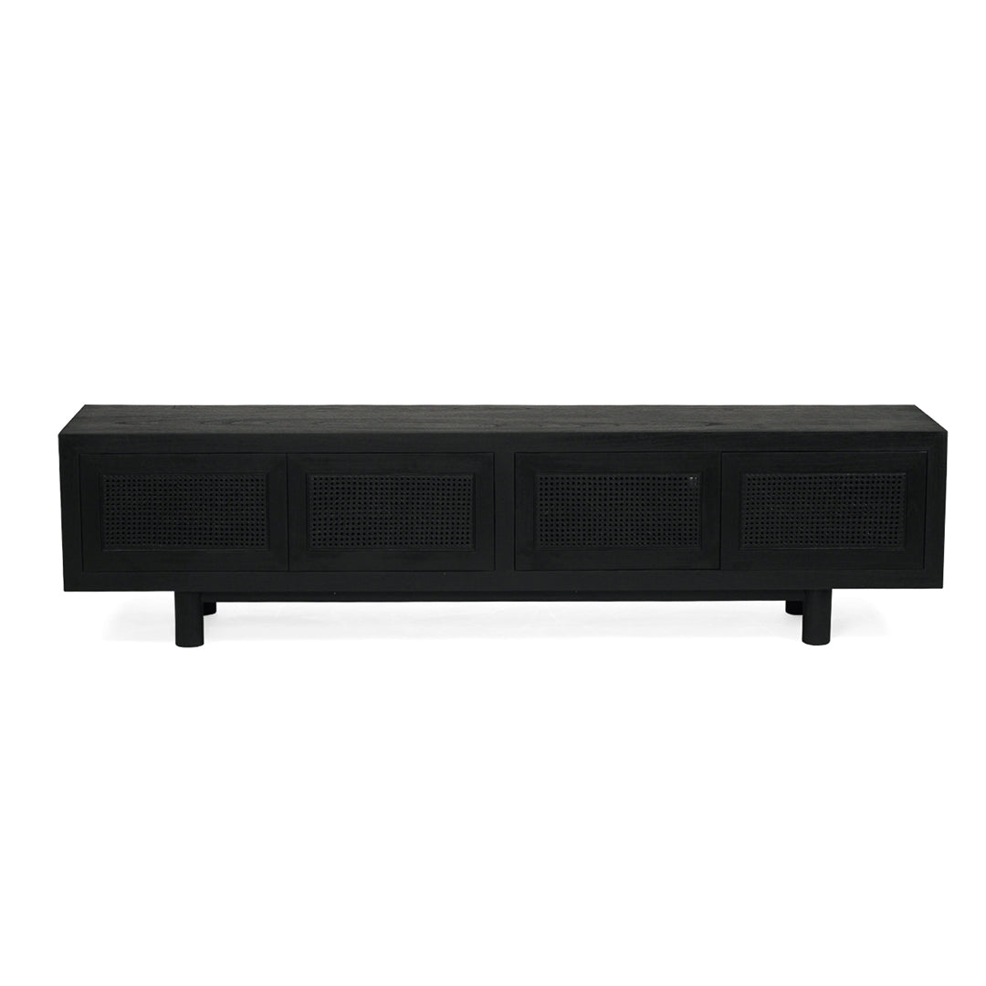 Full front view of Iluka Four Door Entertainment Unit – Black with four closed rattan cane panel doors
