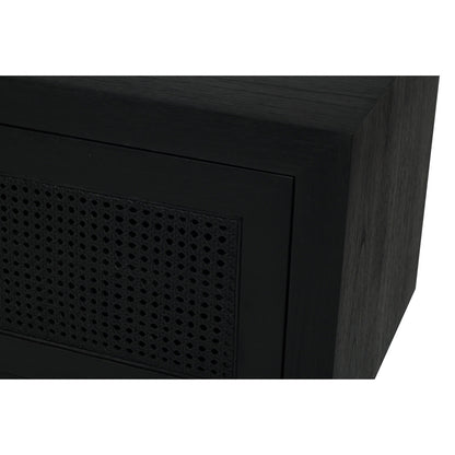 Close-up of Iluka Four Door Entertainment Unit – Black highlighting rattan cane panel and timber frame