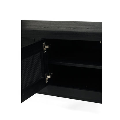 Open storage of Iluka Four Door Entertainment Unit – Black with shelf and cane rattan door design