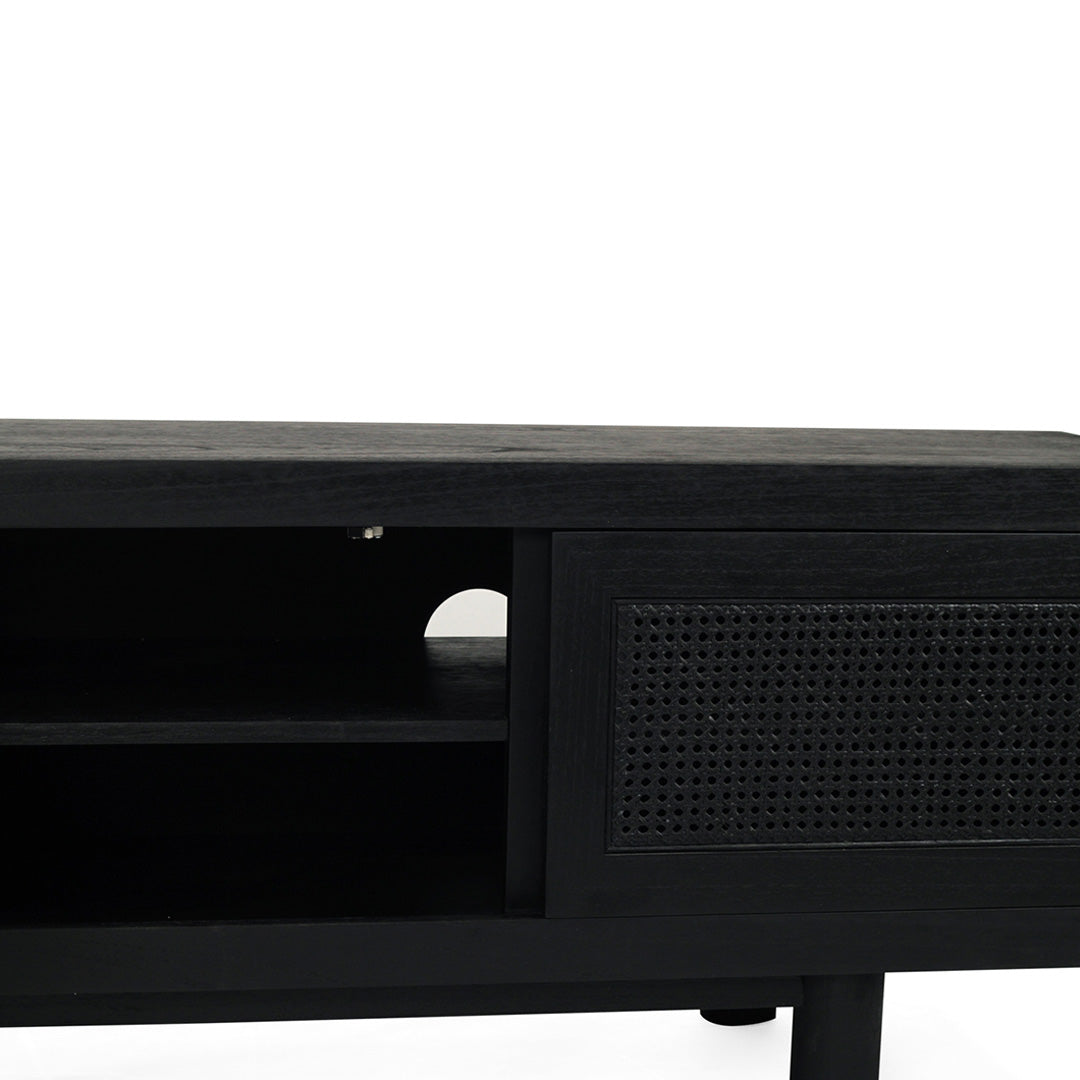 Front detail of Iluka Four Door Entertainment Unit – Black showing centre shelf, cable cut-out and cane doors