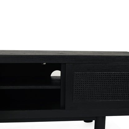 Front detail of Iluka Four Door Entertainment Unit – Black showing centre shelf, cable cut-out and cane doors