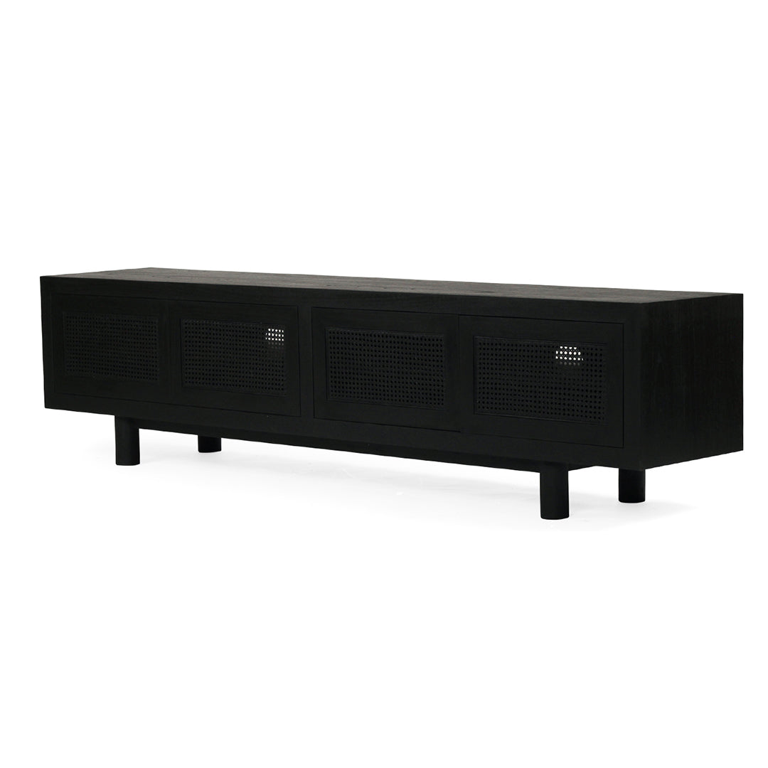 Angled front view of Iluka Four Door Entertainment Unit – Black showing four cane panelled timber doors