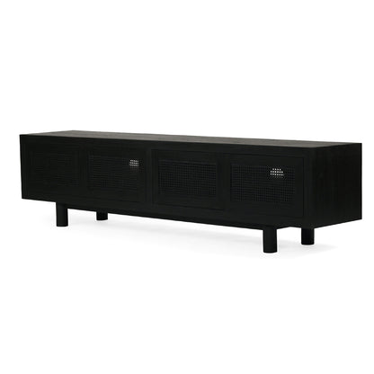 Angled front view of Iluka Four Door Entertainment Unit – Black showing four cane panelled timber doors