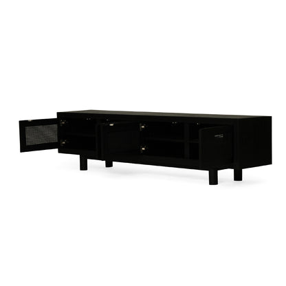 Iluka Four Door Entertainment Unit – Black with open cane door showing inner shelving and storage