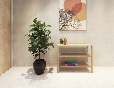 Nordica 2 tier bookshelf in natural wood finish next to a large pot plant and a painting on the wall behind.