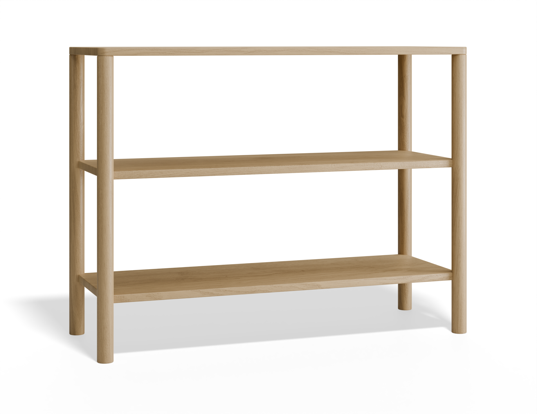 Slightly angled front view of 2 tier bookshelf made from American oak.