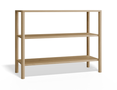 Slightly angled front view of 2 tier bookshelf made from American oak.